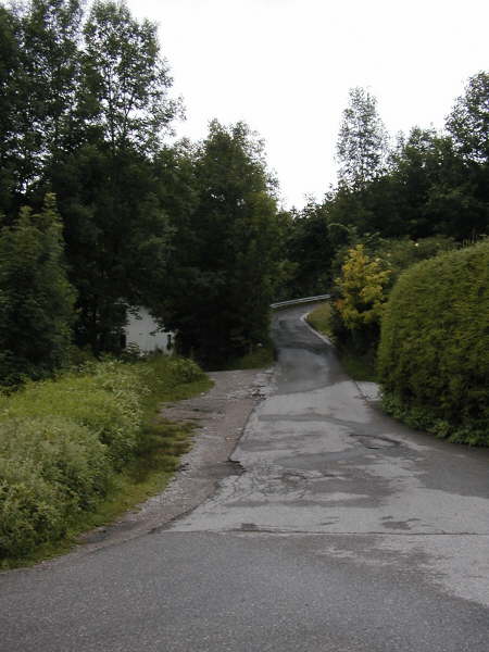 Leicht bergauf dem Asphaltweg folgen